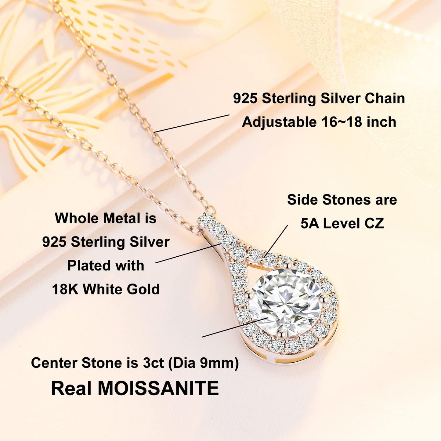 Ideal Cut 3CT Moissanite Tear Drop Pendant Necklace