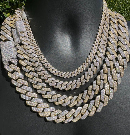 Neck LIT, Two Tone Gold and Iced Out, Silver Cuban Prong, Moissanite, Handmade,All Sizes