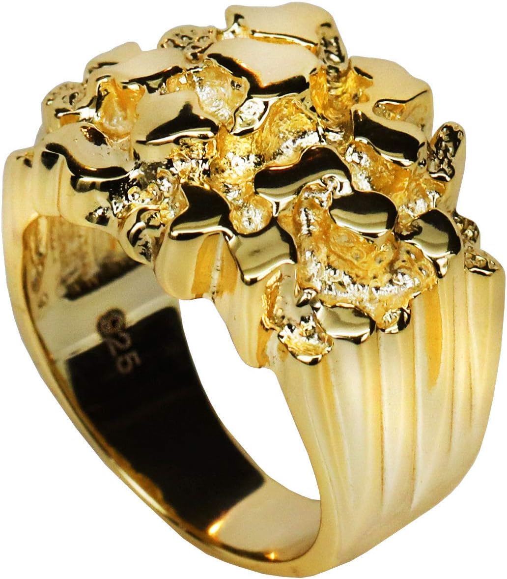 Solid 925 Sterling Silver Men'S Silver Ring - Gold Nugget Ring - Pinky or Ring Finger - Sizes 7-13