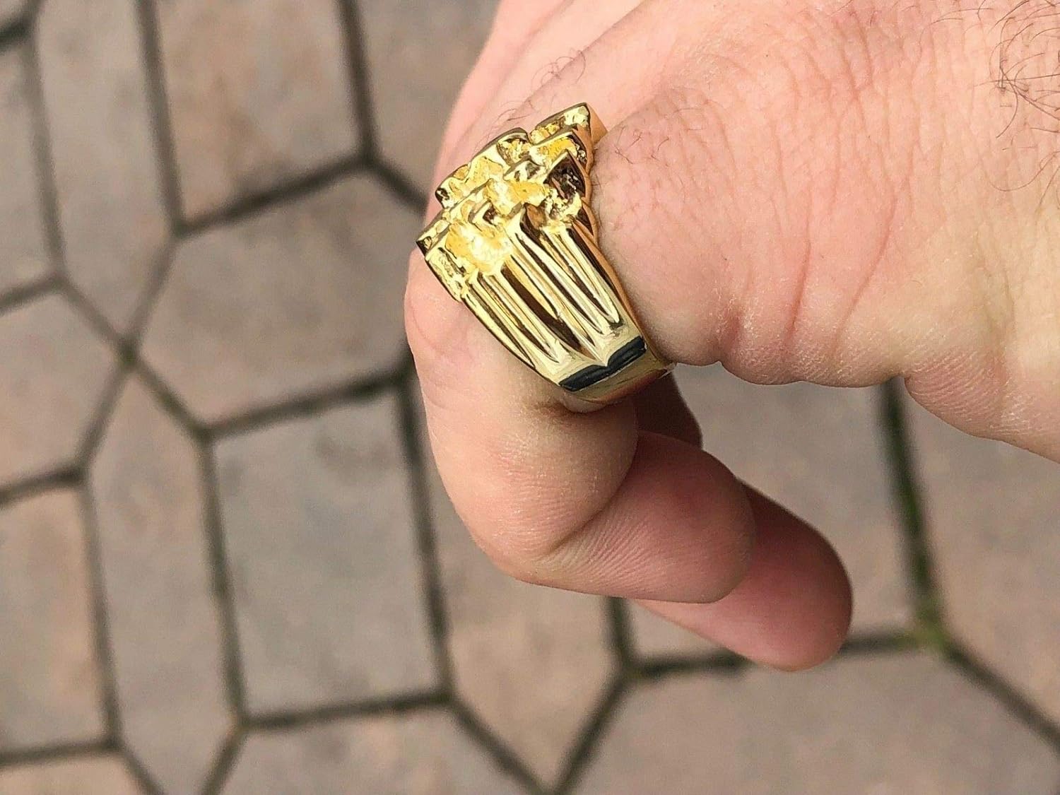 Solid 925 Sterling Silver Men'S Silver Ring - Gold Nugget Ring - Pinky or Ring Finger - Sizes 7-13